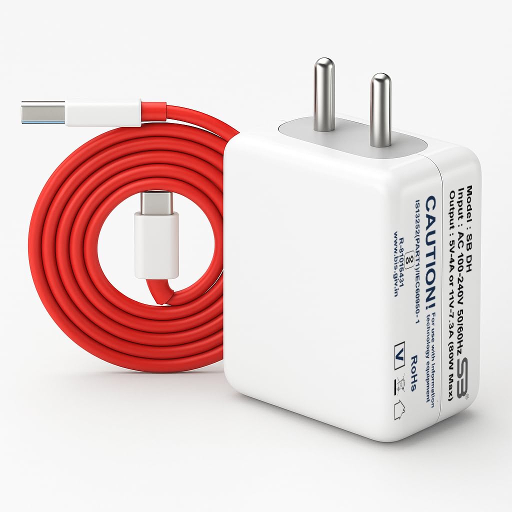 SB 80W SuperVOOC Fast Charger with USB to Type C Cable | 7.3A Mobile Charger Adapter | Supports VOOC, Warp, Dash, Dart & Super Fast Charging | Compatible for OnePlus, Realme, Oppo Smartphonesr