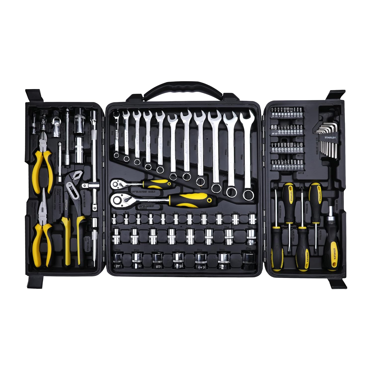 STANLEY STMT81243 110-Piece High Quality Multi-Toolkit containing Pliers, Spanners, Drivers, Sockets, Bits, Wrenches & Ratchets for Home, DIY & Professional Use, 1 Year Warranty, Yellow & Black