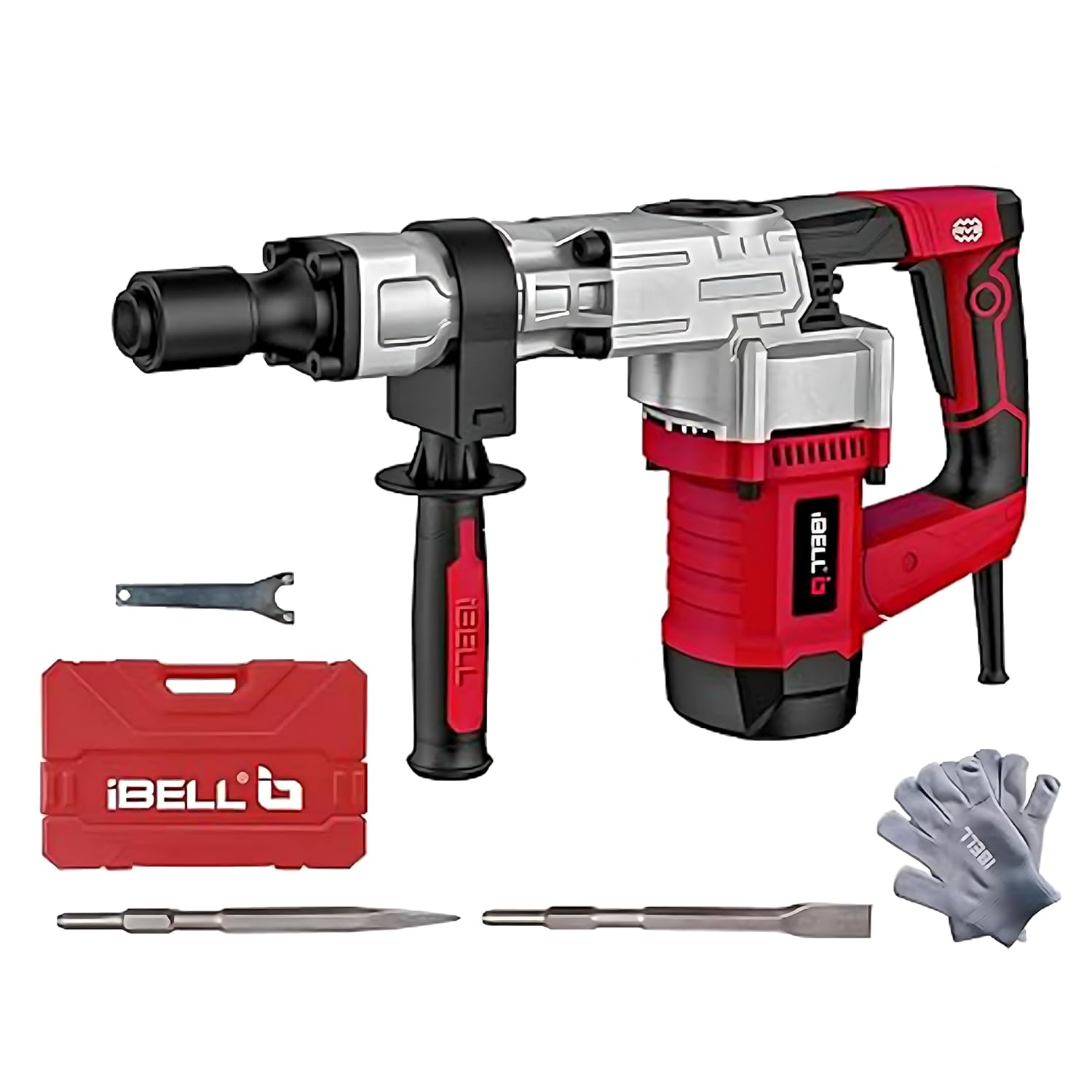 iBELL DH20-30 Heavy Duty Demolition Hammer, 1300W Copper Armature, 16J Impact Energy, 3700 BPM, 17mm HEX Chuck, 6.2Kg, Anti-Vibration Handle, Red/black BMC Box, 6 Months Warranty